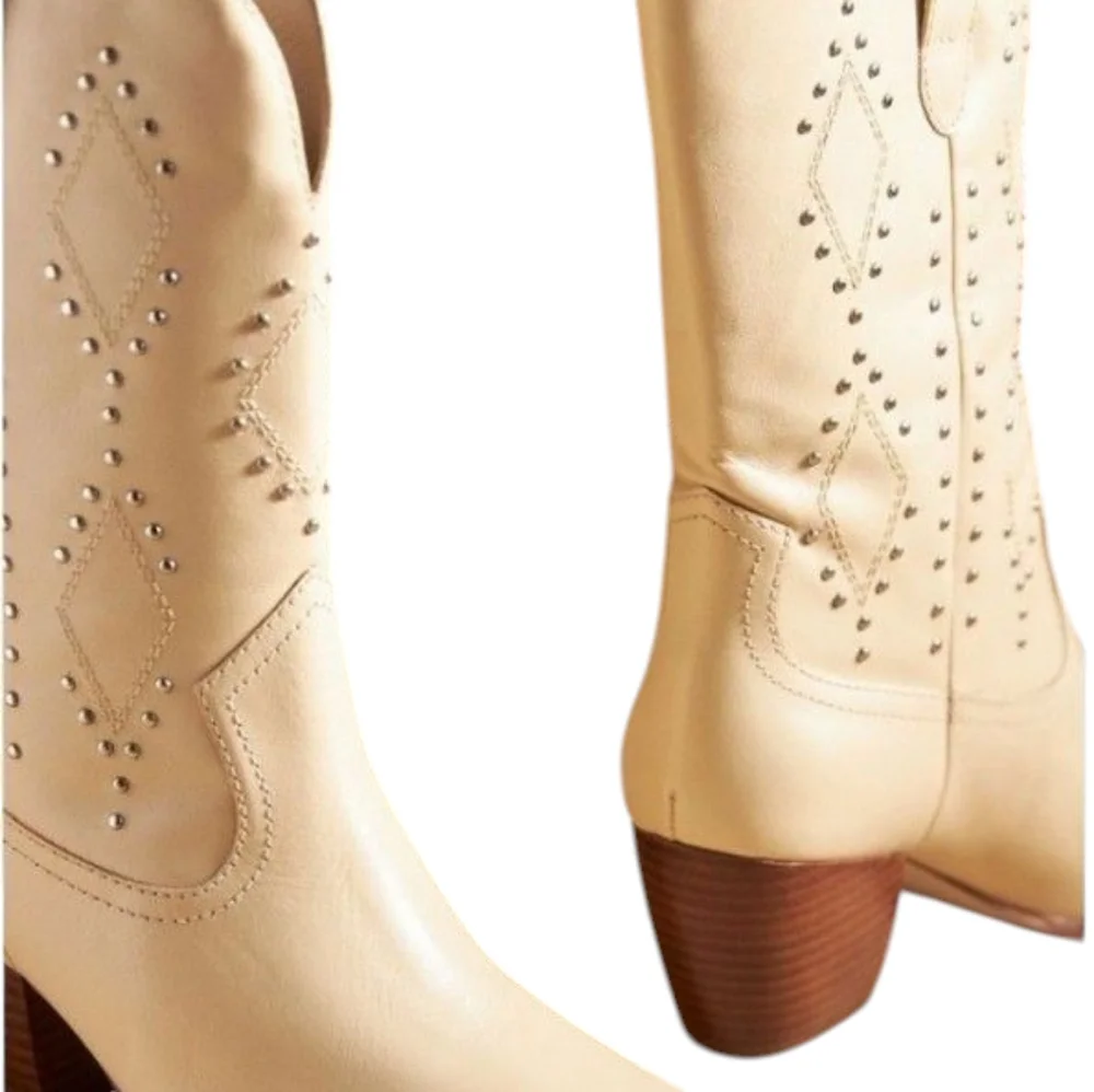 🔥SALE🔥NIB Free People Matisse El Paso Studded Ivory Heeled Mid Western Boots 8 - Picture 3 of 9